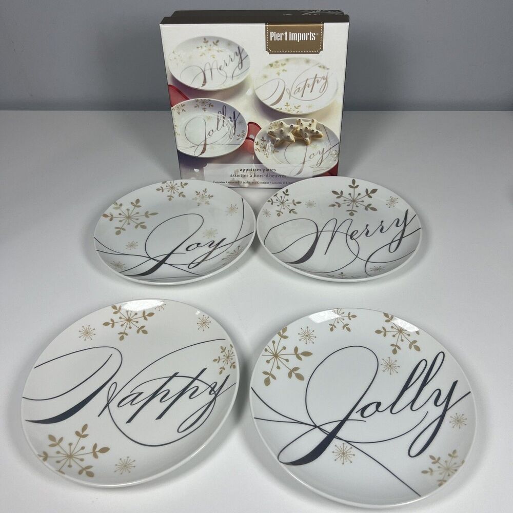 Pier 1 Holiday Wishes 4 Appetizer Plates In Box Gold Merry Happy Joy Jolly